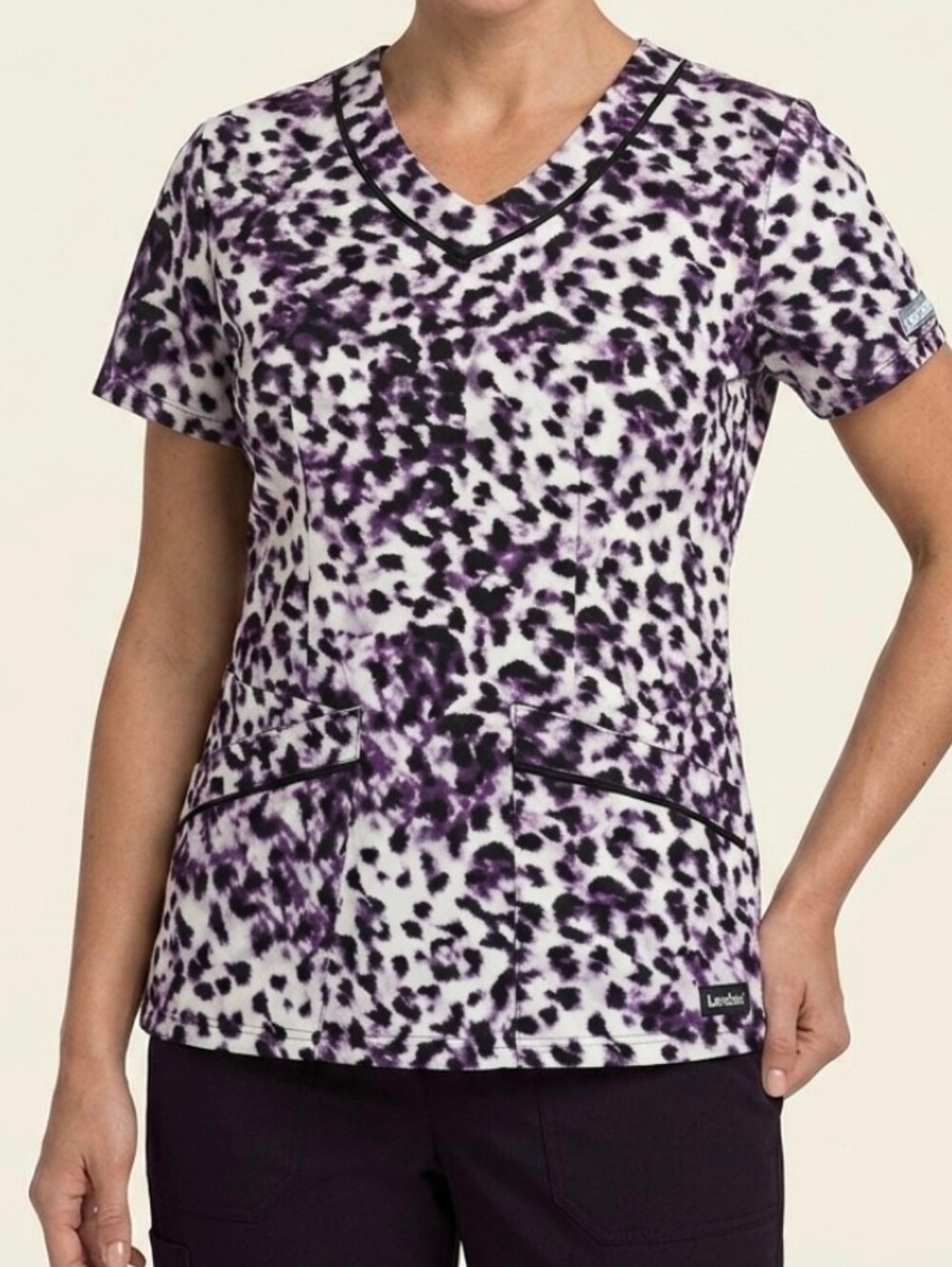 Landau Scrub Purple Black Top Size Xs Xsmall XSM Shirt Fitted Leopard Stretch